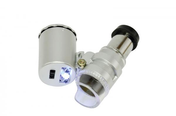 Taschenmikroskop 60x, mit 2 LED, 1 UV-LED